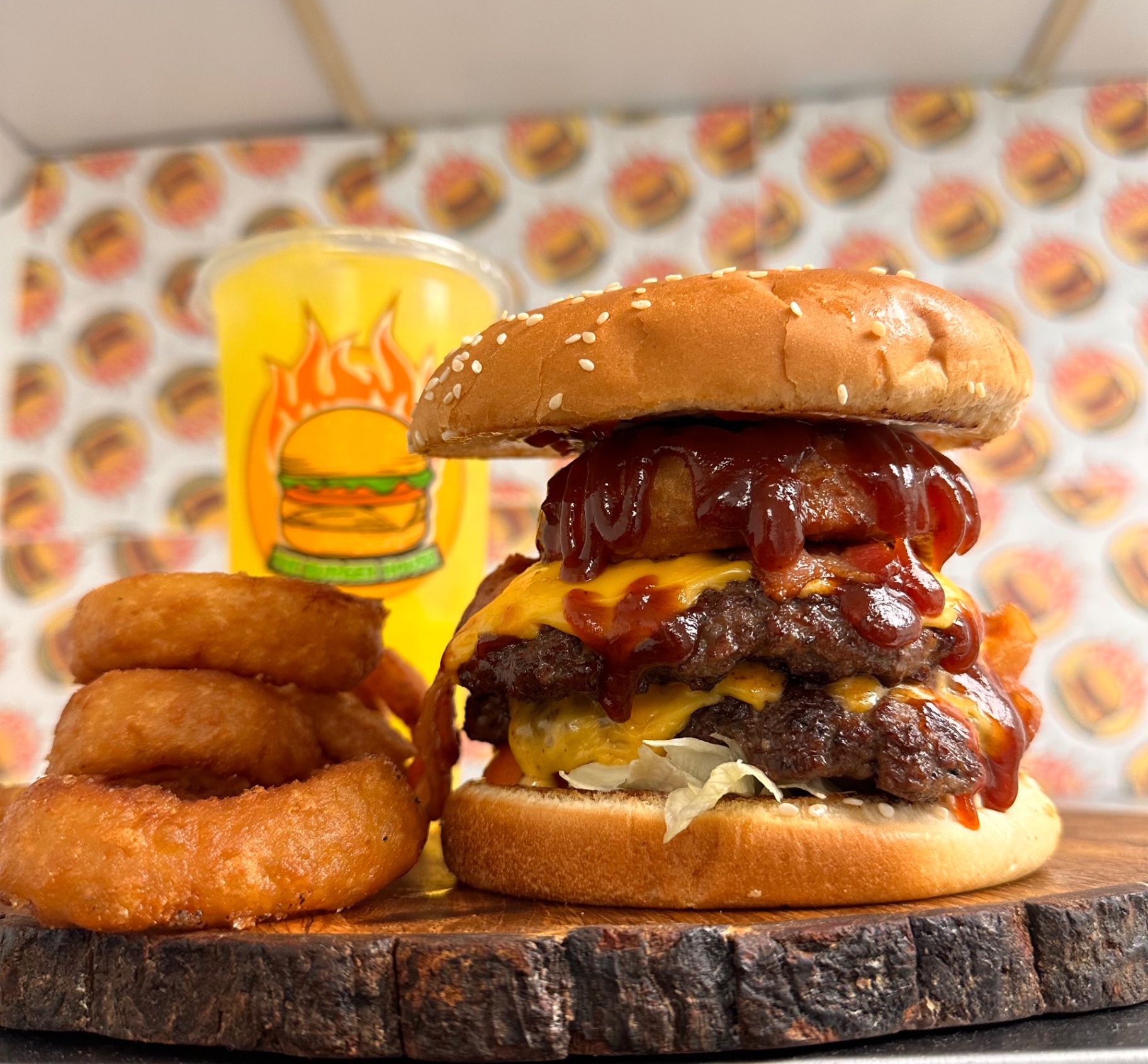 BBQ bacon double cheeseburger combo with onion rings