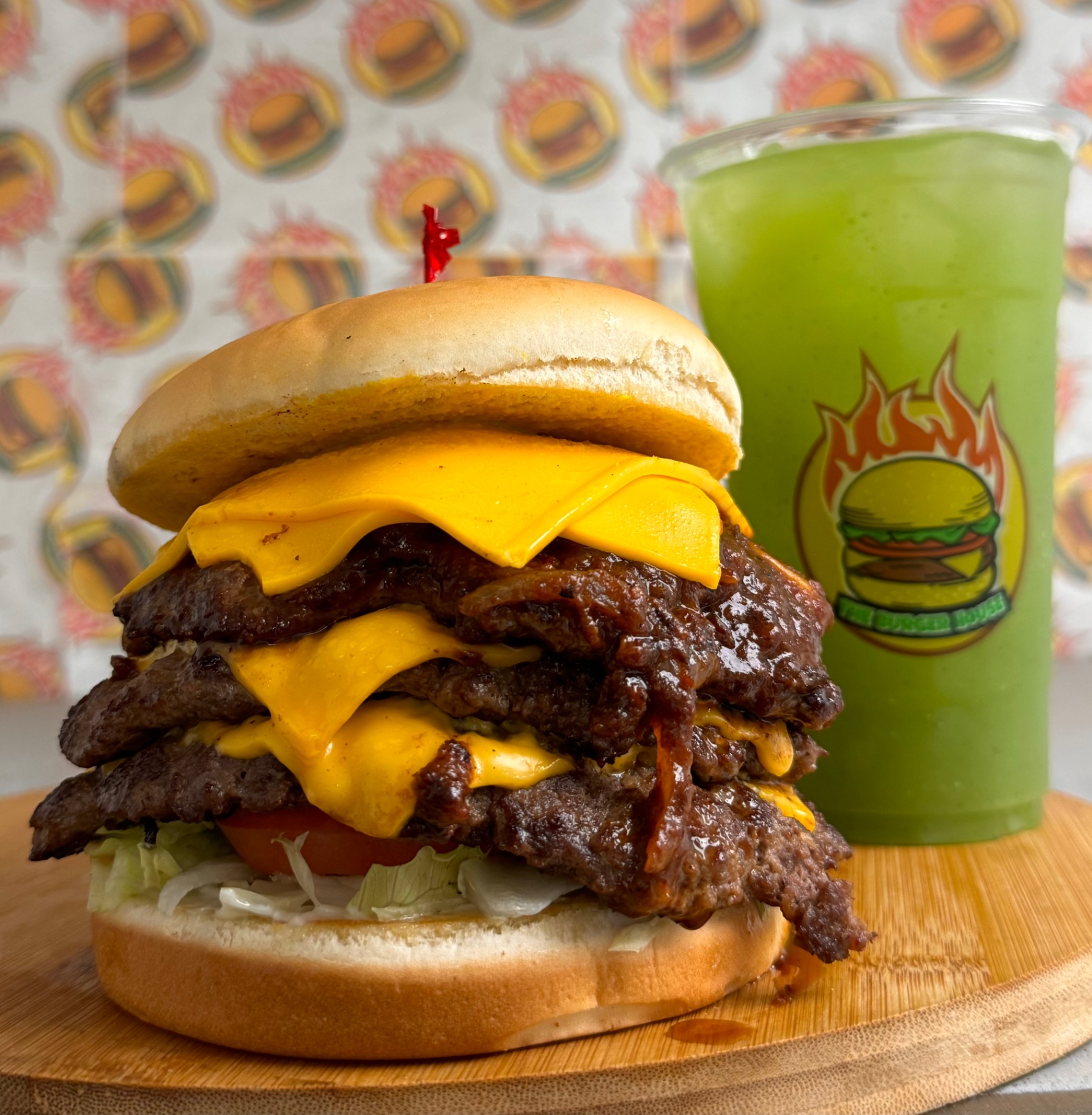 BBQ stacked cheeseburger combo with cucumber agua fresca