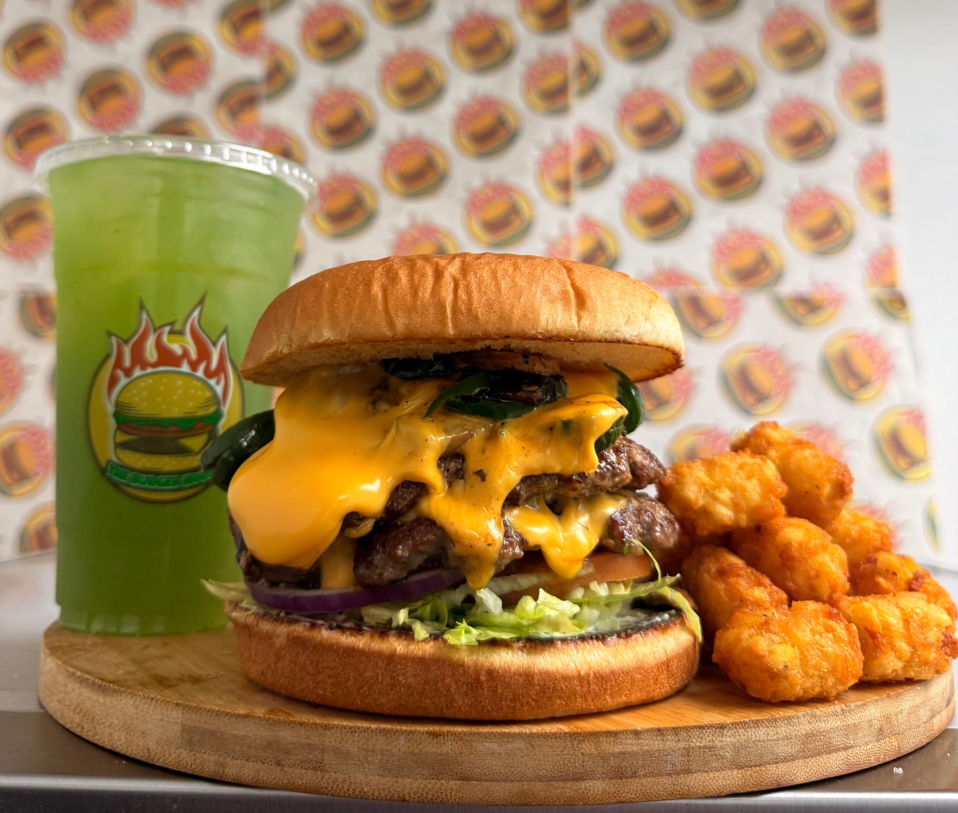 Double cheeseburger combo with tater tots and agua fresca