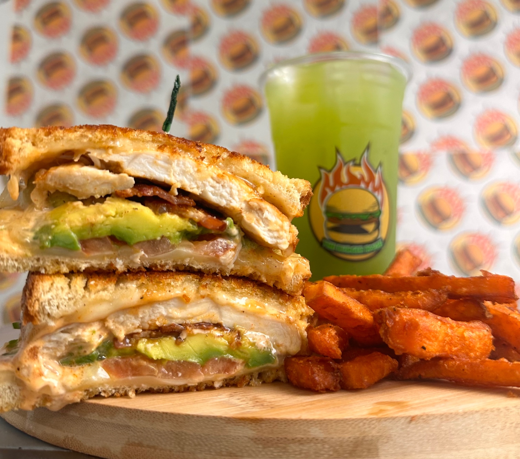 Chicken bacon avocado sandwich combo with sweet potato fries