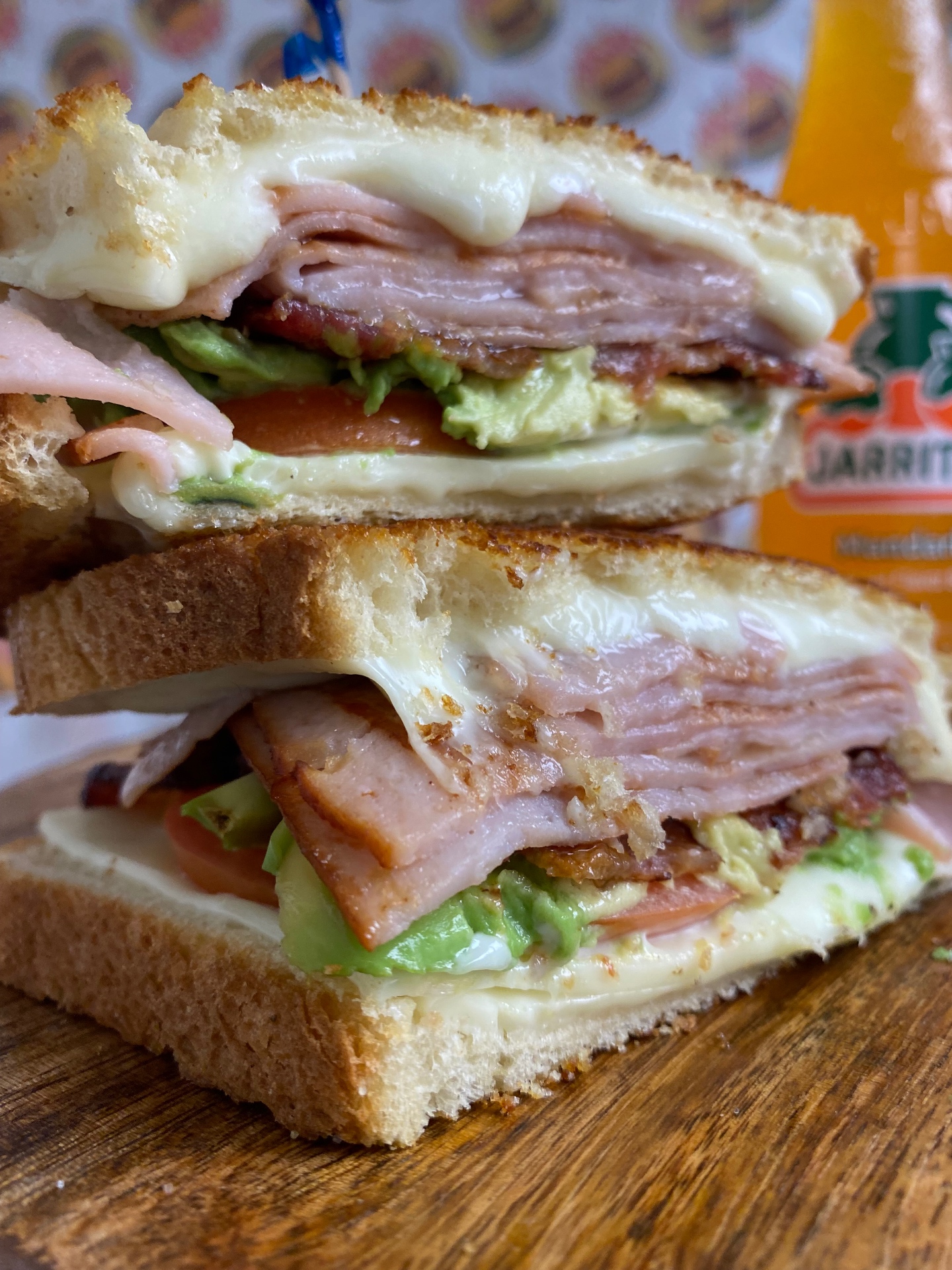 Ham and cheese melt sandwich with Jarritos
